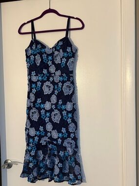 Guess Blue Floral Lace Midi Dress